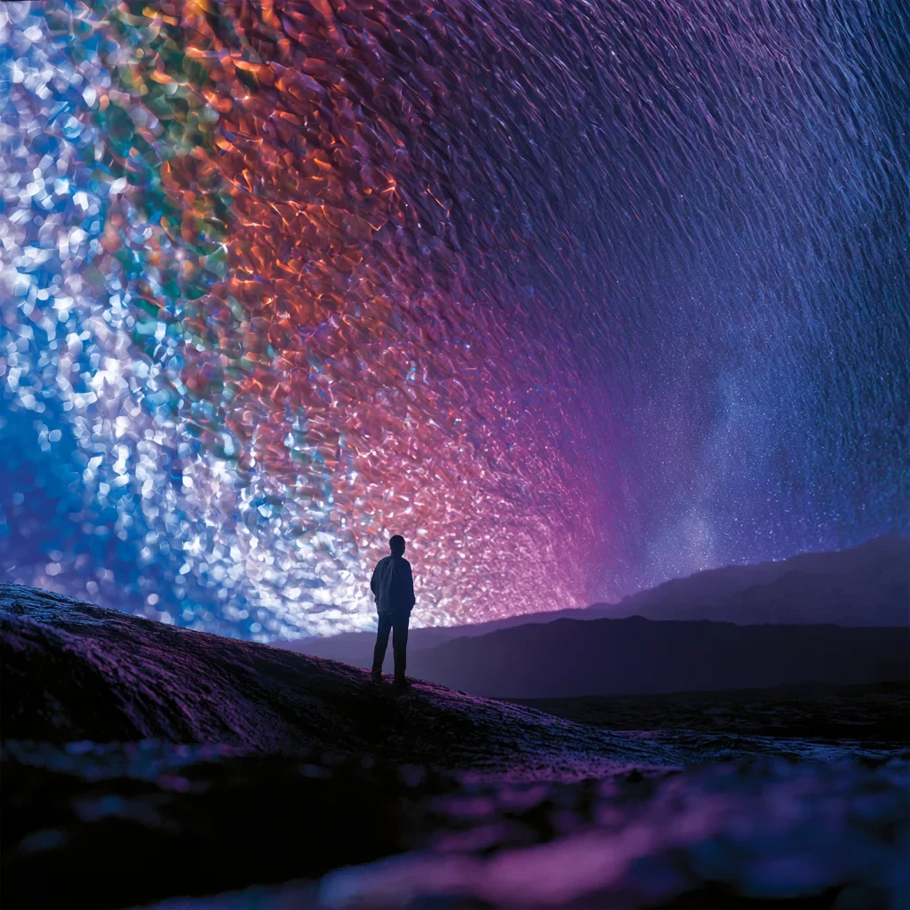 A person looks up into a sky filled with colorful, shimmering light.