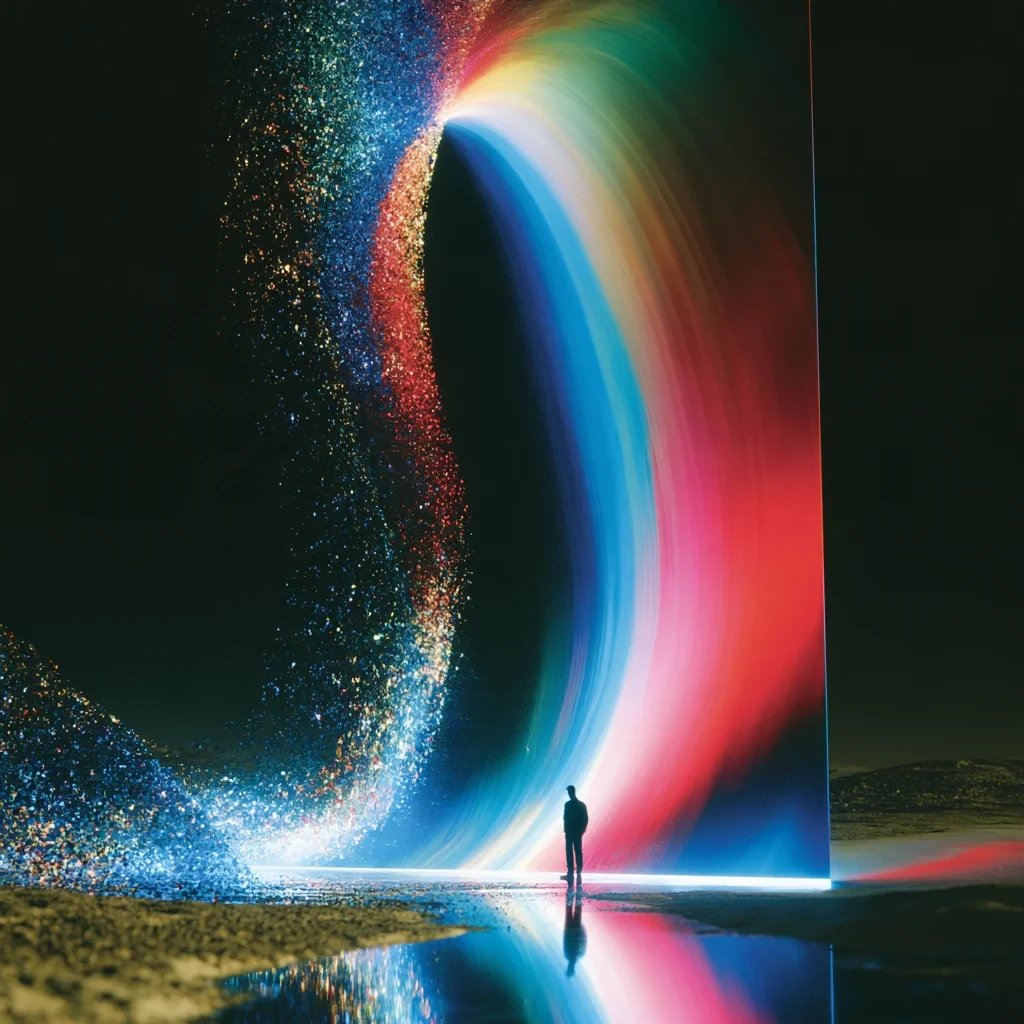 A figure stands before a luminous portal of refracted light.