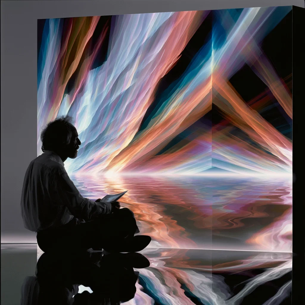 A seated reader faces an expansive display of refracted color and light.