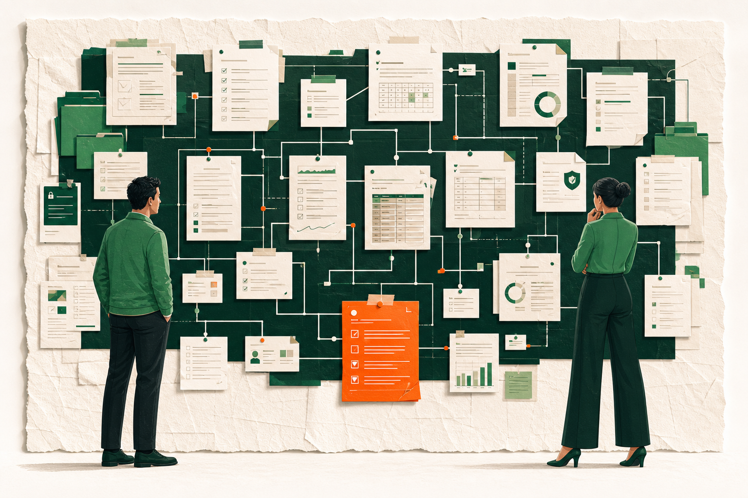 Two colleagues tracing connections across a wall of scattered policies and questionnaire documents